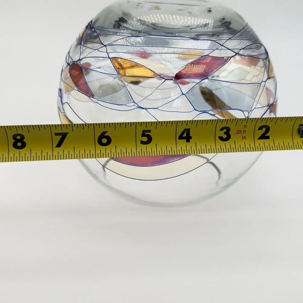 Romanian Mosaic Stained Glass Hand Blown Crystal Fish Bowl Round Vase Swirl 6”